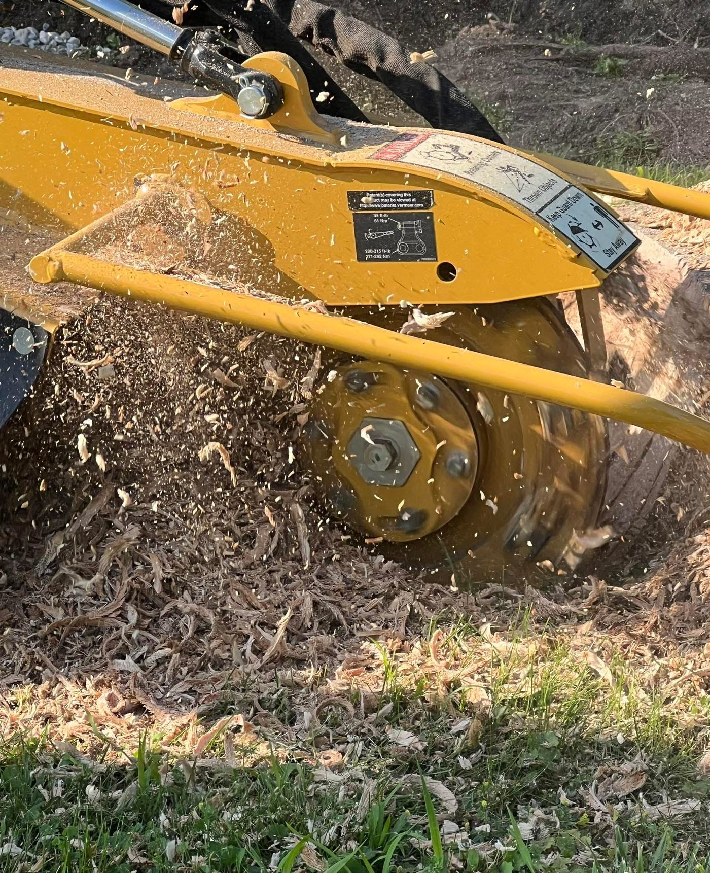 Close-up of a yellow stump grinder wheel chewing through a stump, throwing wood chips